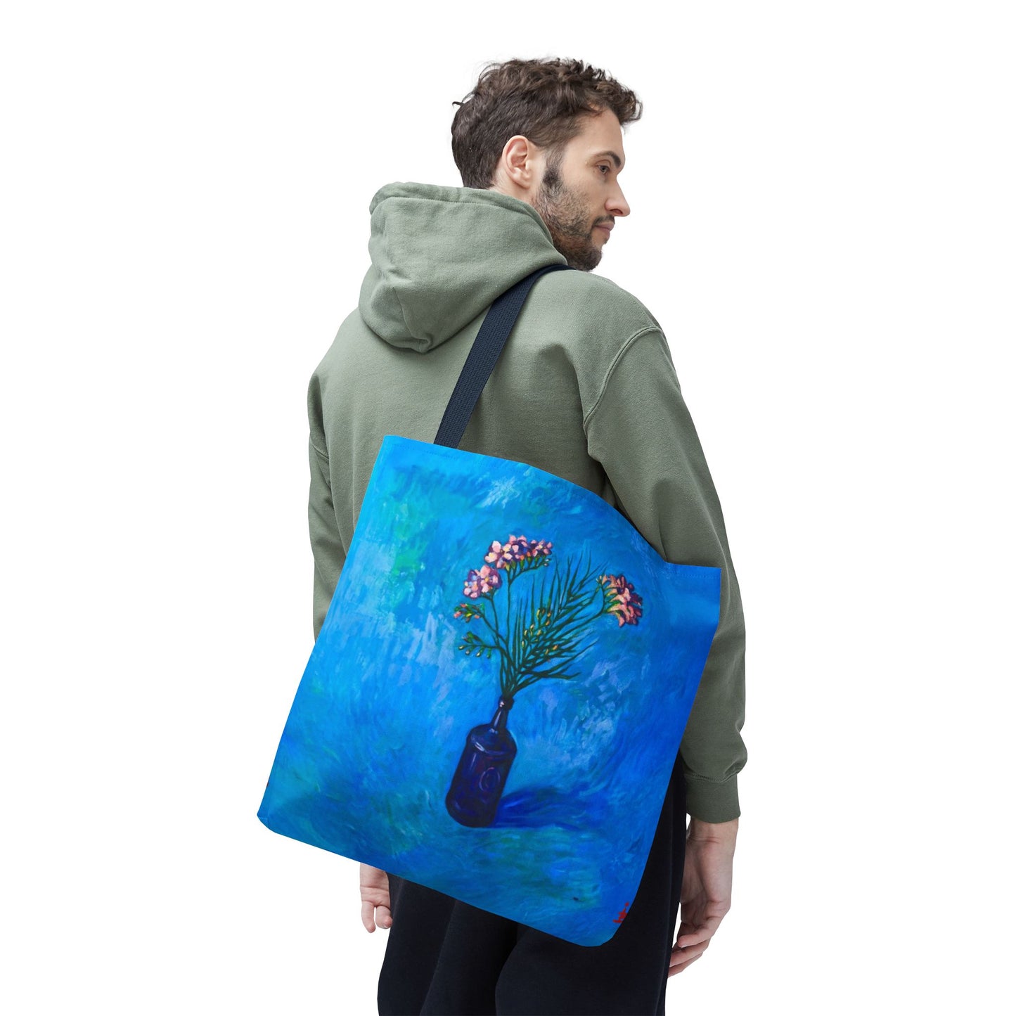 Blauer Shopper mit Blumenmuster – Vase mit rosafarbenen Blumen Allover-Print