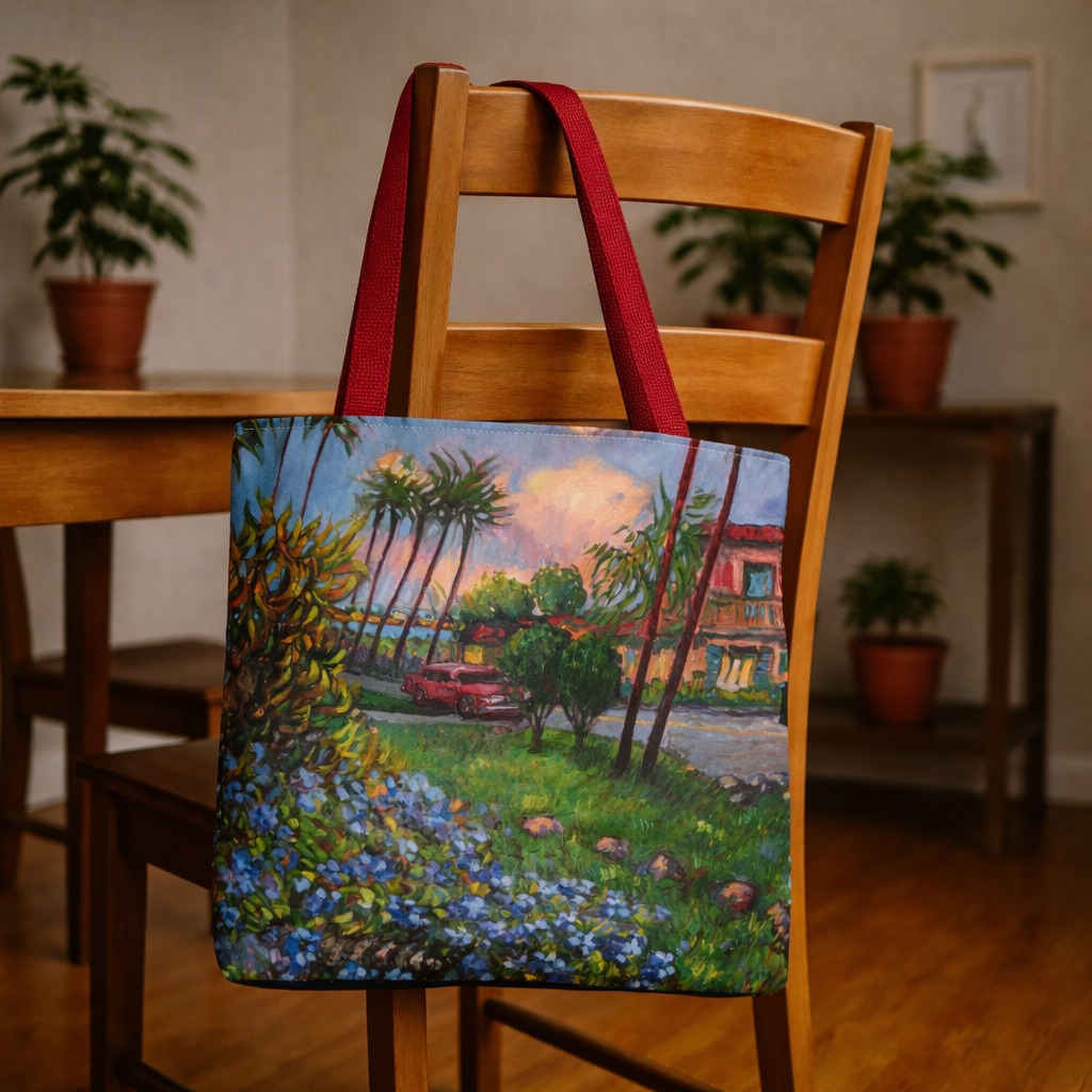 Einkaufstasche mit Sonnenuntergang am Strand – Küstenblumen-Palmen-Allover-Print