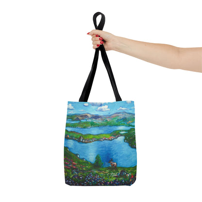 Stofftasche mit malerischer Seenlandschaft – Handbemalte Strandtasche mit Küstenkunst