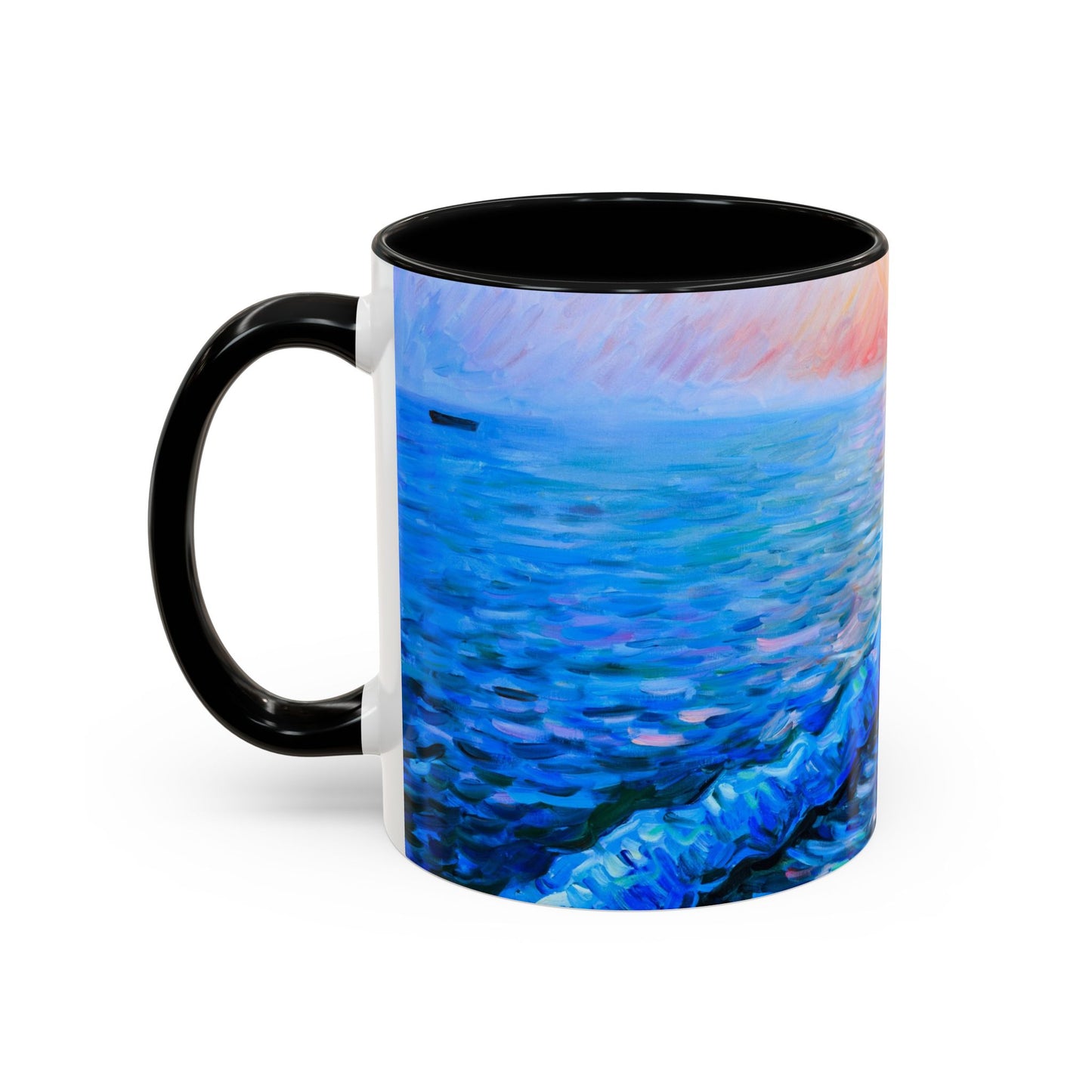 Kaffeetasse „Sonnenaufgang an der Küste“ – Tasse mit Meerespier-Motiv (325 ml)