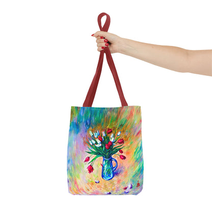 Tragetasche mit Blumenvase – Buntes, impressionistisches Tulpen-Allover-Muster