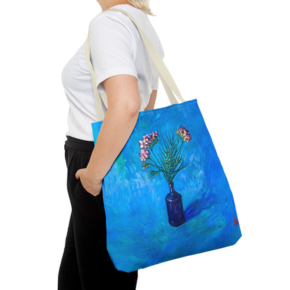 Blauer Shopper mit Blumenmuster – Vase mit rosafarbenen Blumen Allover-Print