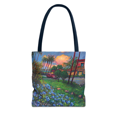 Einkaufstasche mit Sonnenuntergang am Strand – Küstenblumen-Palmen-Allover-Print