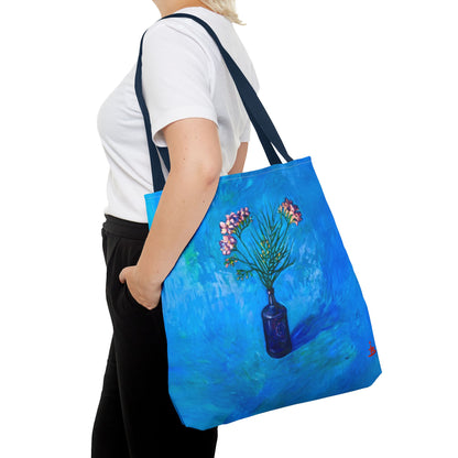 Blauer Shopper mit Blumenmuster – Vase mit rosafarbenen Blumen Allover-Print