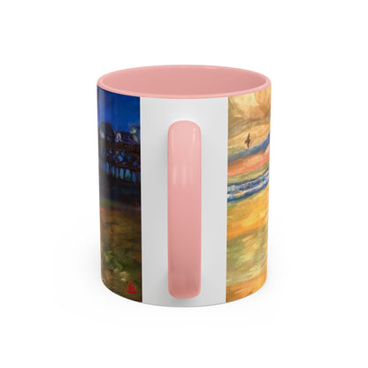 Kaffeebecher mit Akzent: Küstenpier bei Sonnenuntergang – Strandlandschaft 11/15oz