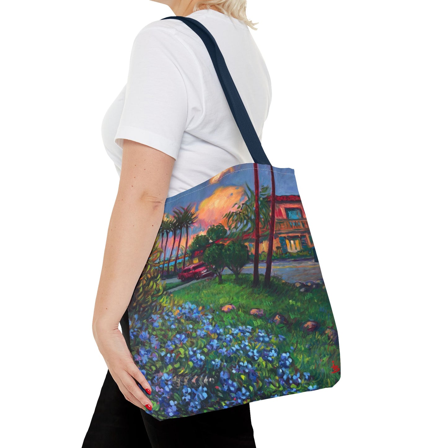 Einkaufstasche mit Sonnenuntergang am Strand – Küstenblumen-Palmen-Allover-Print