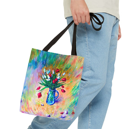 Tragetasche mit Blumenvase – Buntes, impressionistisches Tulpen-Allover-Muster