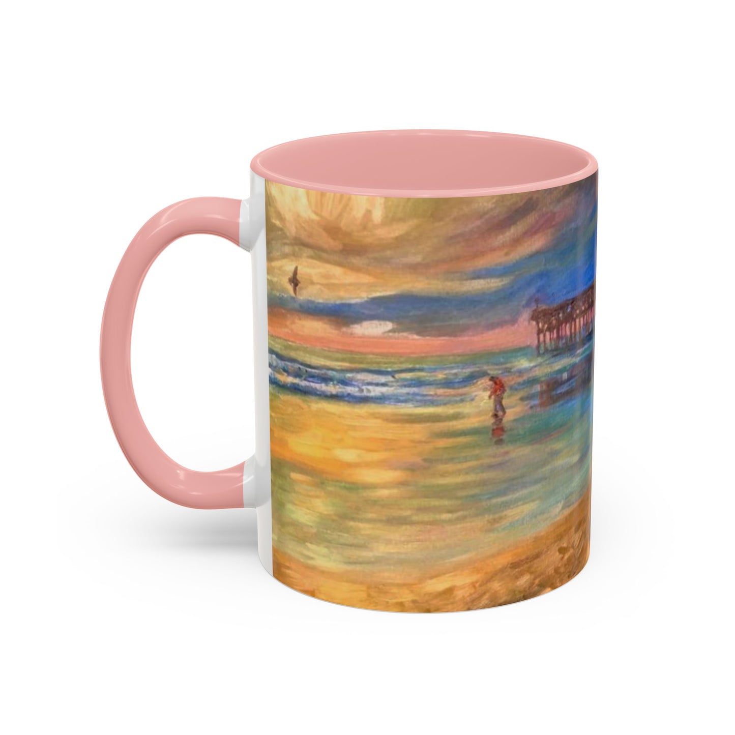Kaffeebecher mit Akzent: Küstenpier bei Sonnenuntergang – Strandlandschaft 11/15oz