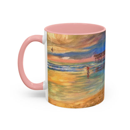Kaffeebecher mit Akzent: Küstenpier bei Sonnenuntergang – Strandlandschaft 11/15oz
