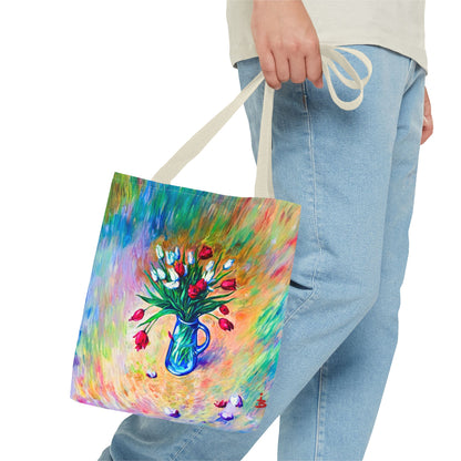 Tragetasche mit Blumenvase – Buntes, impressionistisches Tulpen-Allover-Muster