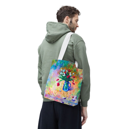 Tragetasche mit Blumenvase – Buntes, impressionistisches Tulpen-Allover-Muster