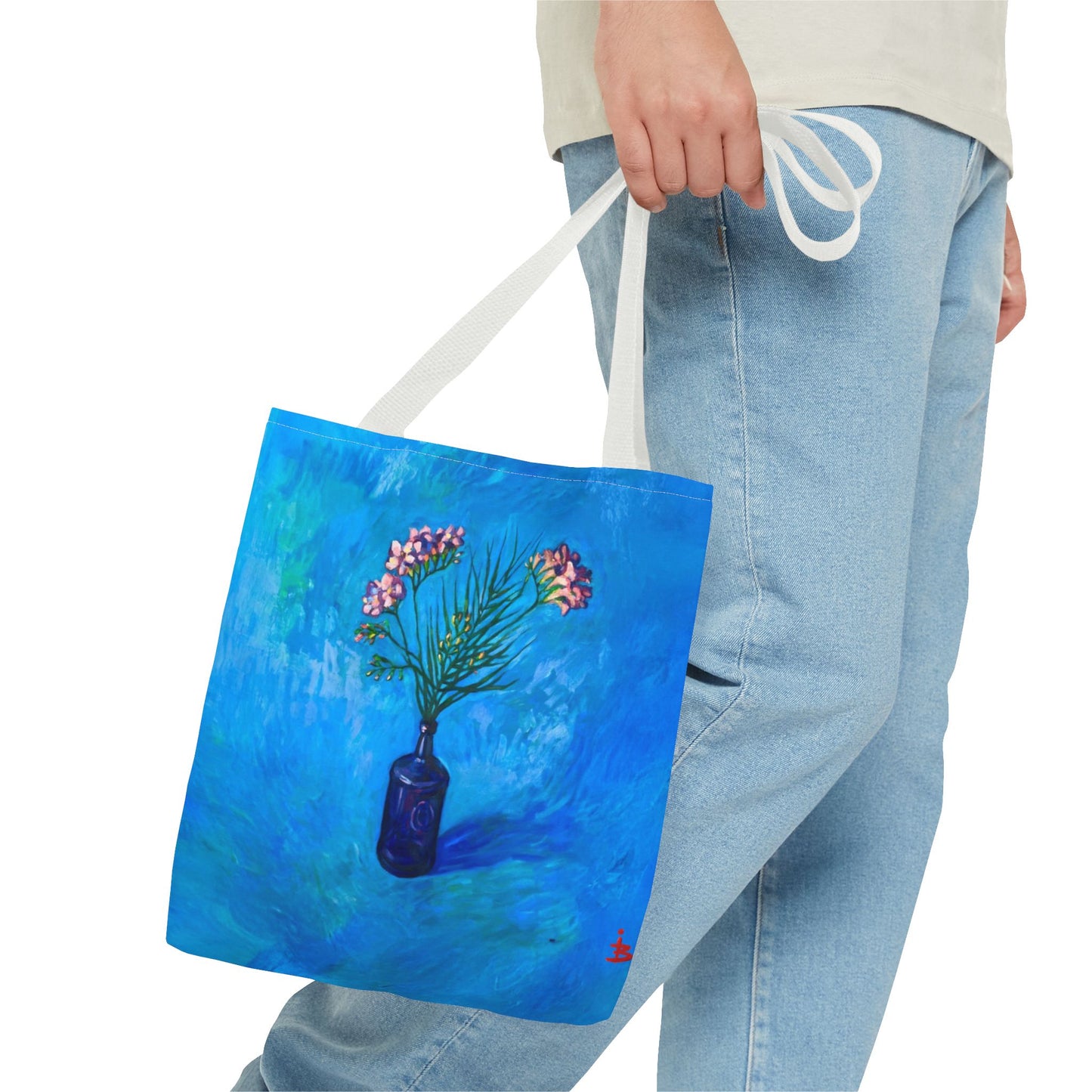 Blauer Shopper mit Blumenmuster – Vase mit rosafarbenen Blumen Allover-Print