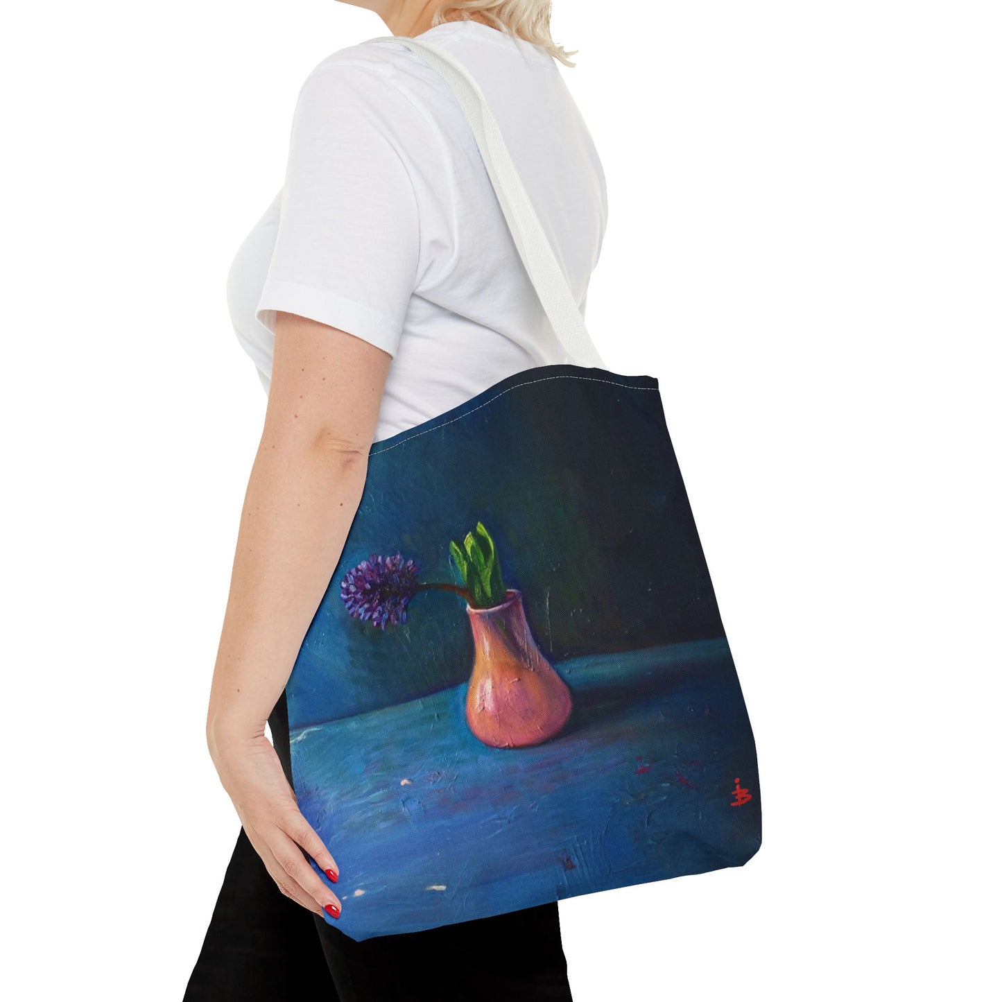 Florale Stillleben-Einkaufstasche – Malereische Vase & Lila Blüte AOP