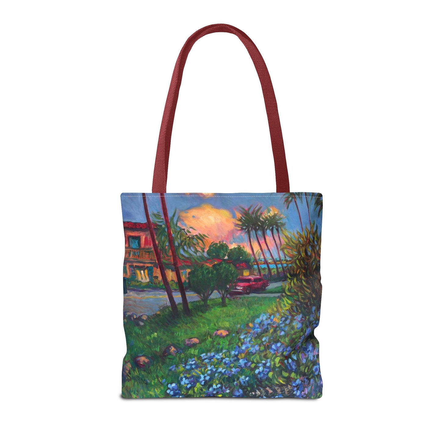 Einkaufstasche mit Sonnenuntergang am Strand – Küstenblumen-Palmen-Allover-Print
