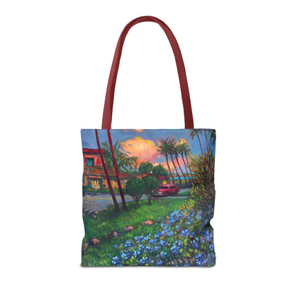 Einkaufstasche mit Sonnenuntergang am Strand – Küstenblumen-Palmen-Allover-Print