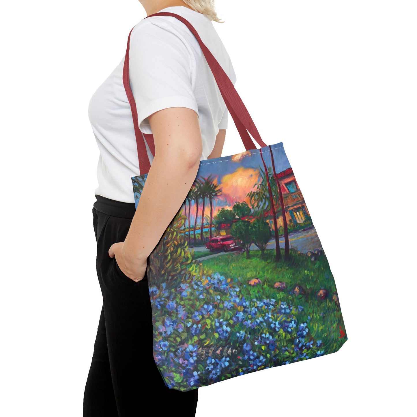 Einkaufstasche mit Sonnenuntergang am Strand – Küstenblumen-Palmen-Allover-Print