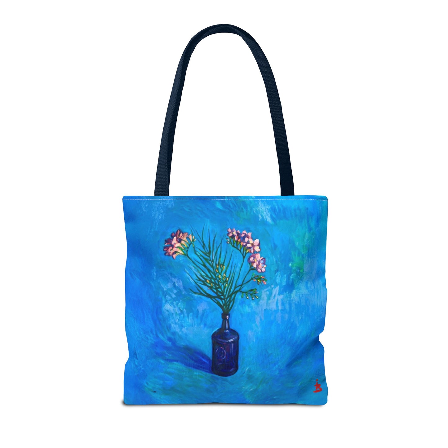 Blauer Shopper mit Blumenmuster – Vase mit rosafarbenen Blumen Allover-Print