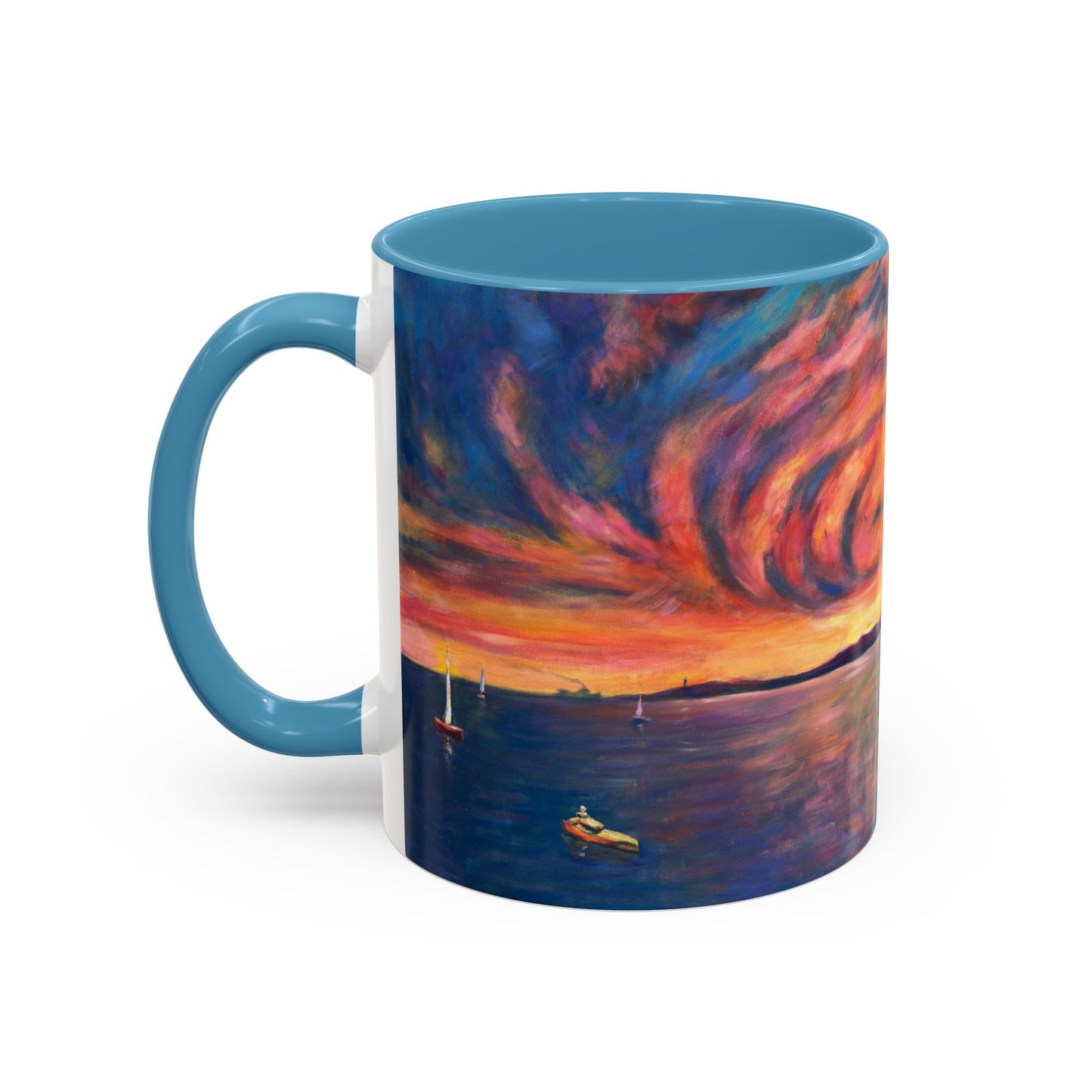 Kaffeetasse mit Akzent „Sonnenuntergang am Meer“ – Farbenfrohes Kunstwerk zum Sonnenuntergang am Meer (11/15 oz)