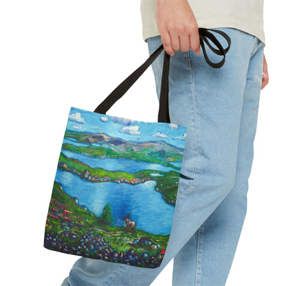 Stofftasche mit malerischer Seenlandschaft – Handbemalte Strandtasche mit Küstenkunst