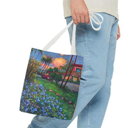 Einkaufstasche mit Sonnenuntergang am Strand – Küstenblumen-Palmen-Allover-Print