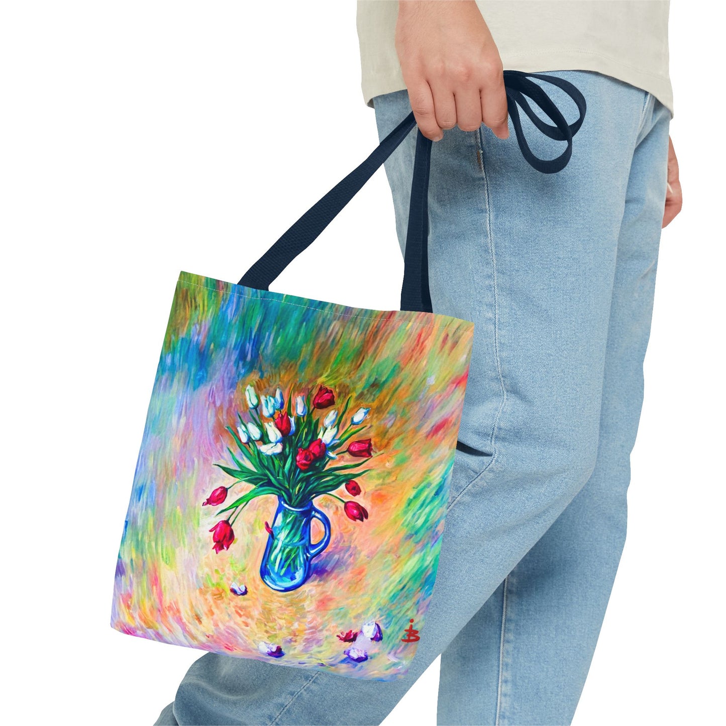 Tragetasche mit Blumenvase – Buntes, impressionistisches Tulpen-Allover-Muster