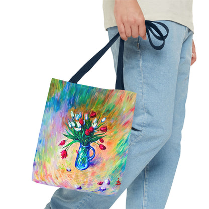 Tragetasche mit Blumenvase – Buntes, impressionistisches Tulpen-Allover-Muster