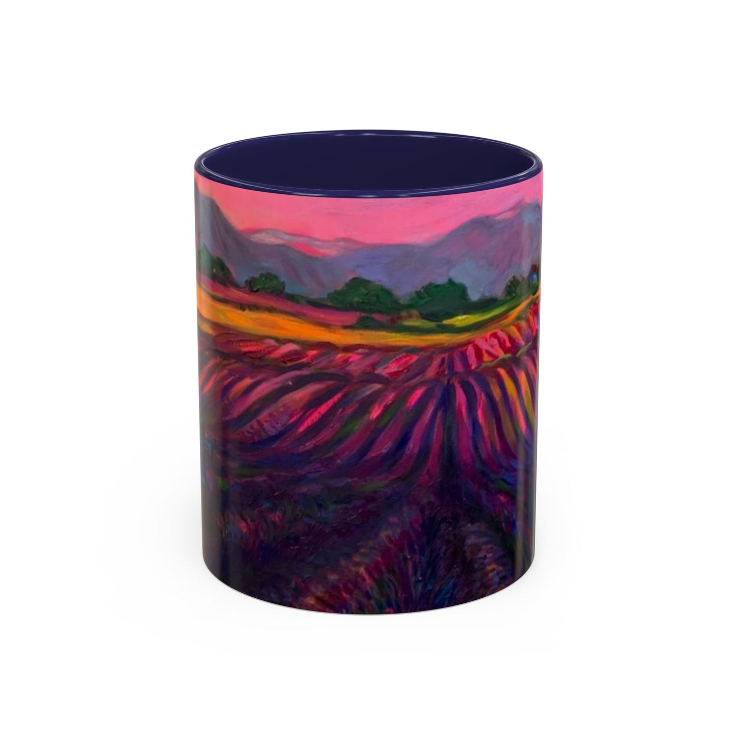 Kaffeetasse mit Lavendelfeld-Motiv – Lebendige Sonnenuntergangslandschaft, 325 ml