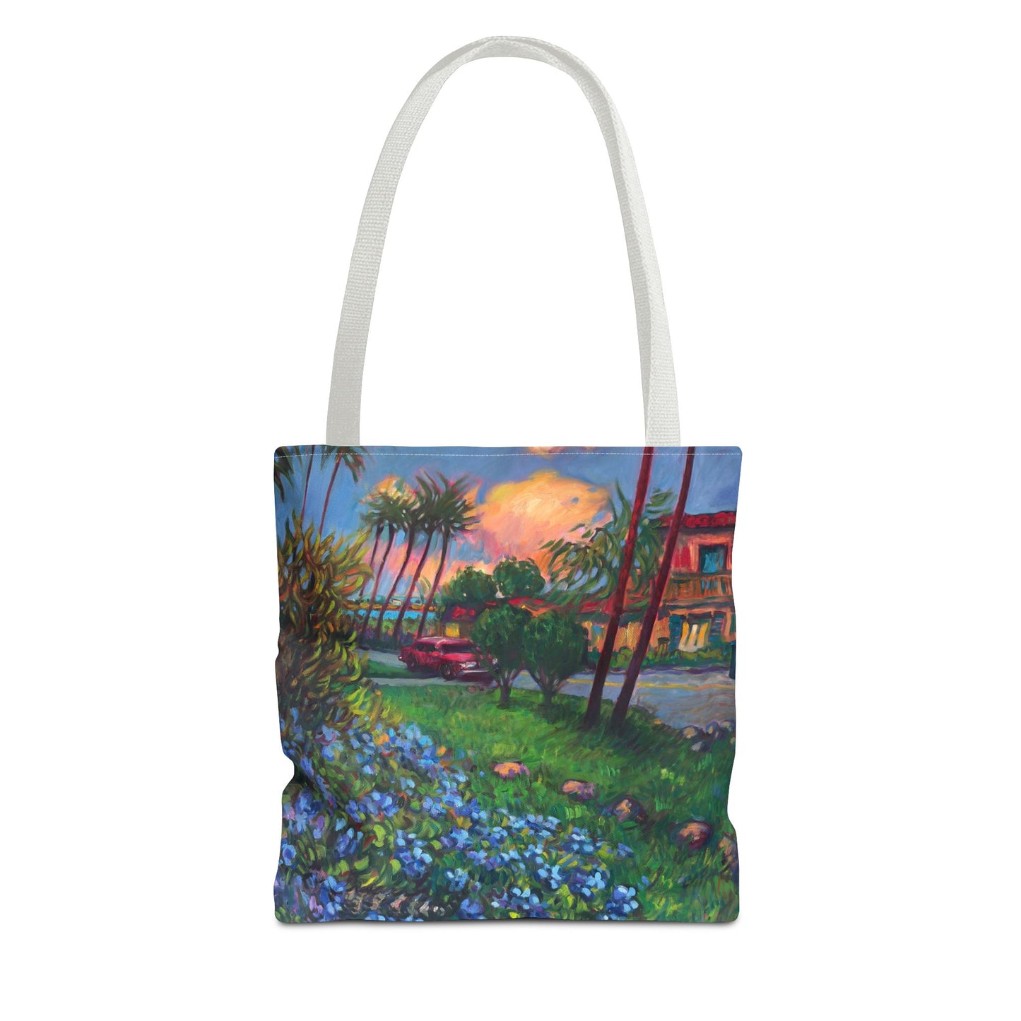 Einkaufstasche mit Sonnenuntergang am Strand – Küstenblumen-Palmen-Allover-Print