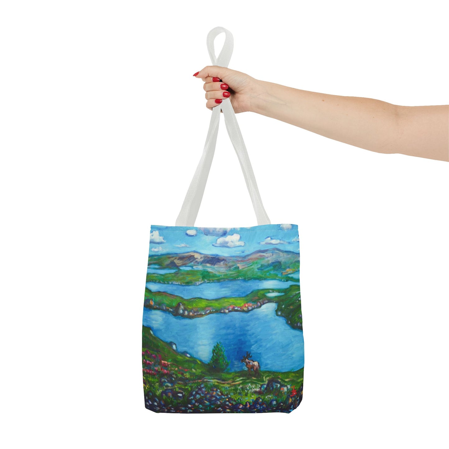 Stofftasche mit malerischer Seenlandschaft – Handbemalte Strandtasche mit Küstenkunst