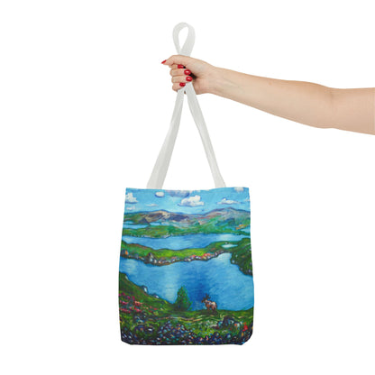 Stofftasche mit malerischer Seenlandschaft – Handbemalte Strandtasche mit Küstenkunst