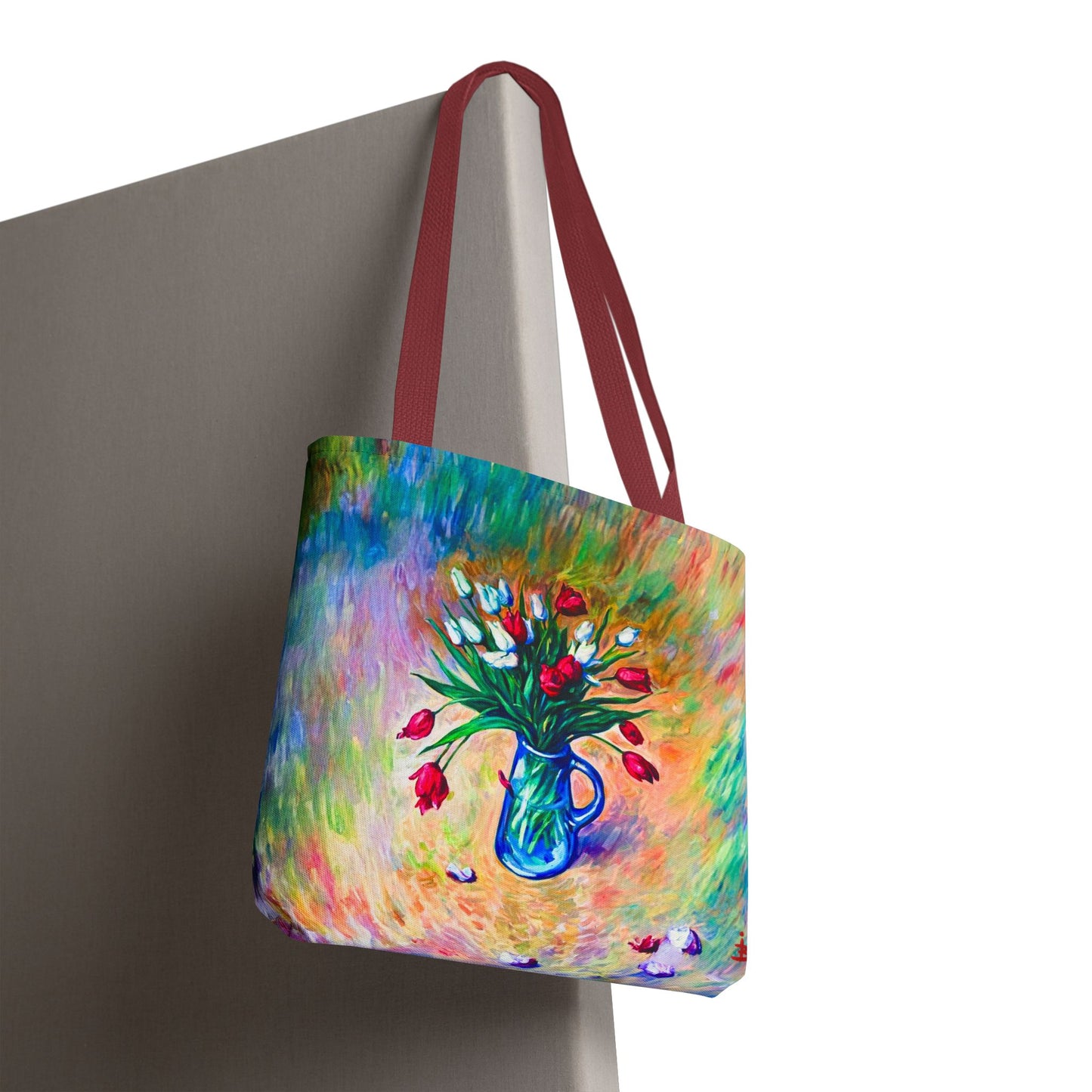 Tragetasche mit Blumenvase – Buntes, impressionistisches Tulpen-Allover-Muster