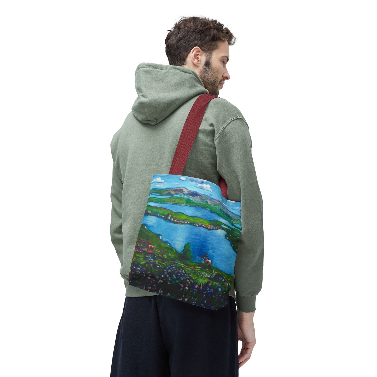 Stofftasche mit malerischer Seenlandschaft – Handbemalte Strandtasche mit Küstenkunst