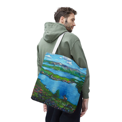 Stofftasche mit malerischer Seenlandschaft – Handbemalte Strandtasche mit Küstenkunst