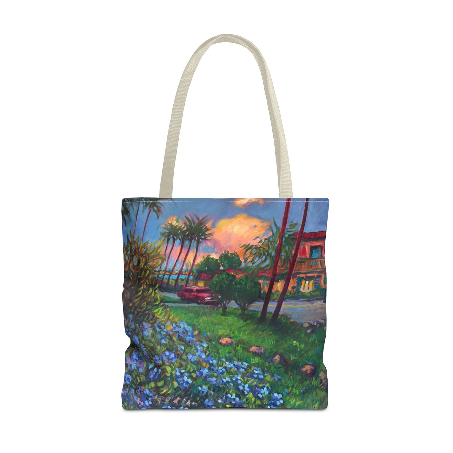 Einkaufstasche mit Sonnenuntergang am Strand – Küstenblumen-Palmen-Allover-Print