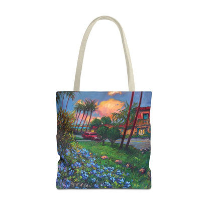 Einkaufstasche mit Sonnenuntergang am Strand – Küstenblumen-Palmen-Allover-Print