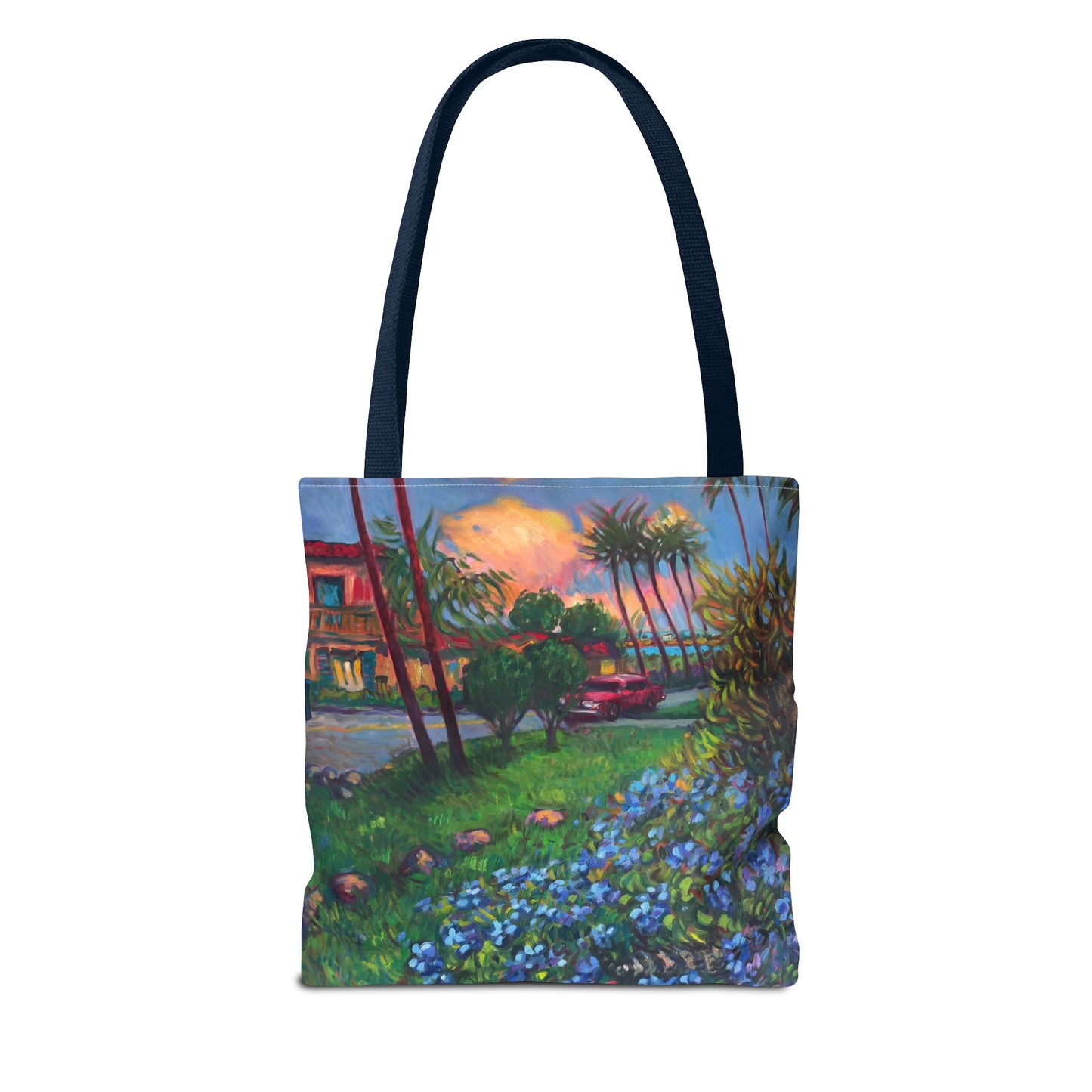 Einkaufstasche mit Sonnenuntergang am Strand – Küstenblumen-Palmen-Allover-Print