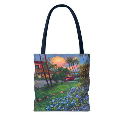 Einkaufstasche mit Sonnenuntergang am Strand – Küstenblumen-Palmen-Allover-Print