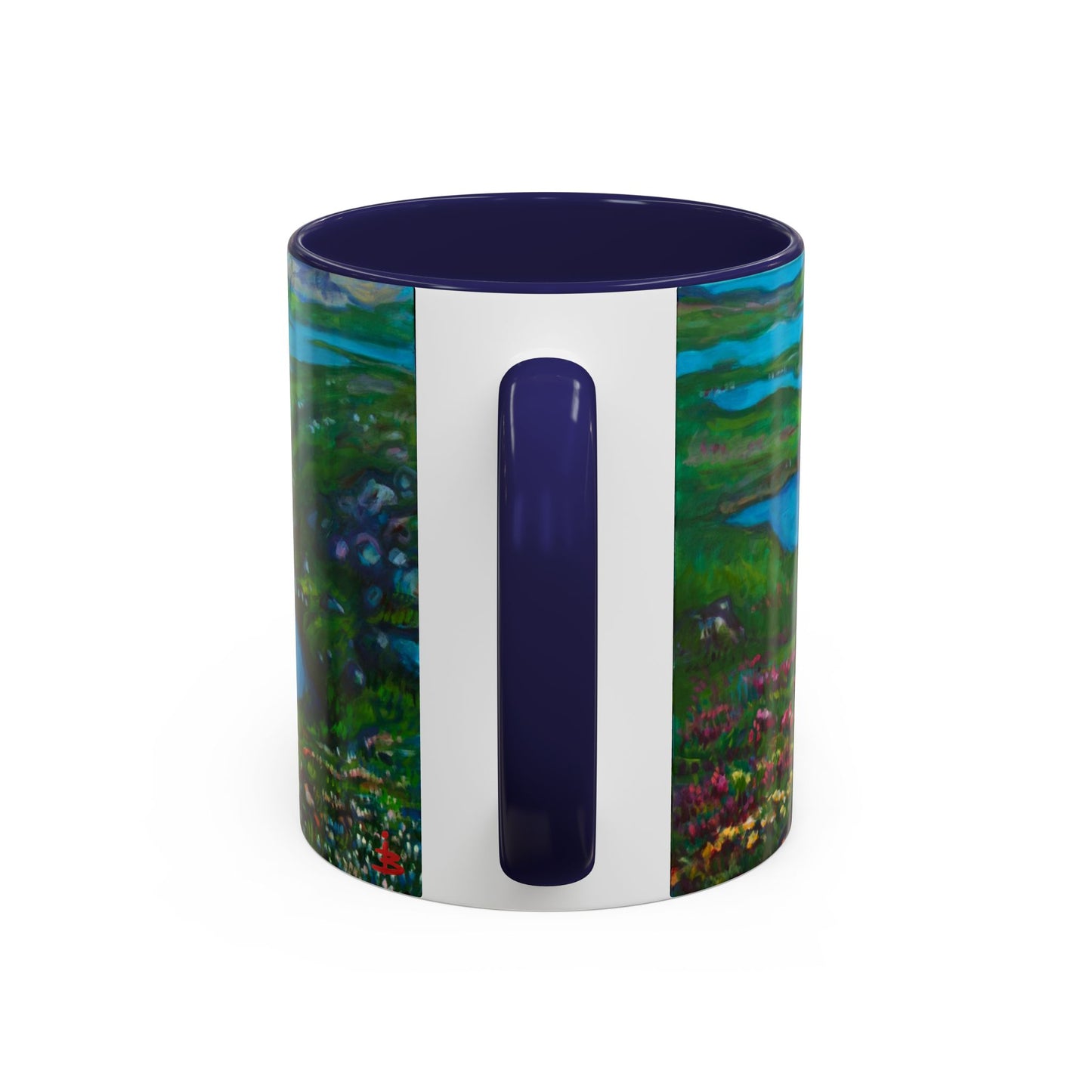 Kaffeetasse „Malerische Seenlandschaft“ – Keramiktasse mit blauem Akzent