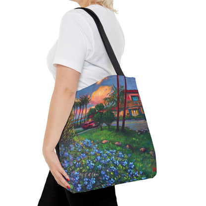 Einkaufstasche mit Sonnenuntergang am Strand – Küstenblumen-Palmen-Allover-Print
