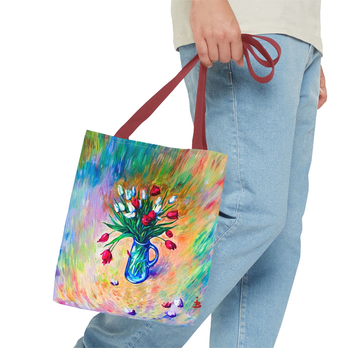 Tragetasche mit Blumenvase – Buntes, impressionistisches Tulpen-Allover-Muster