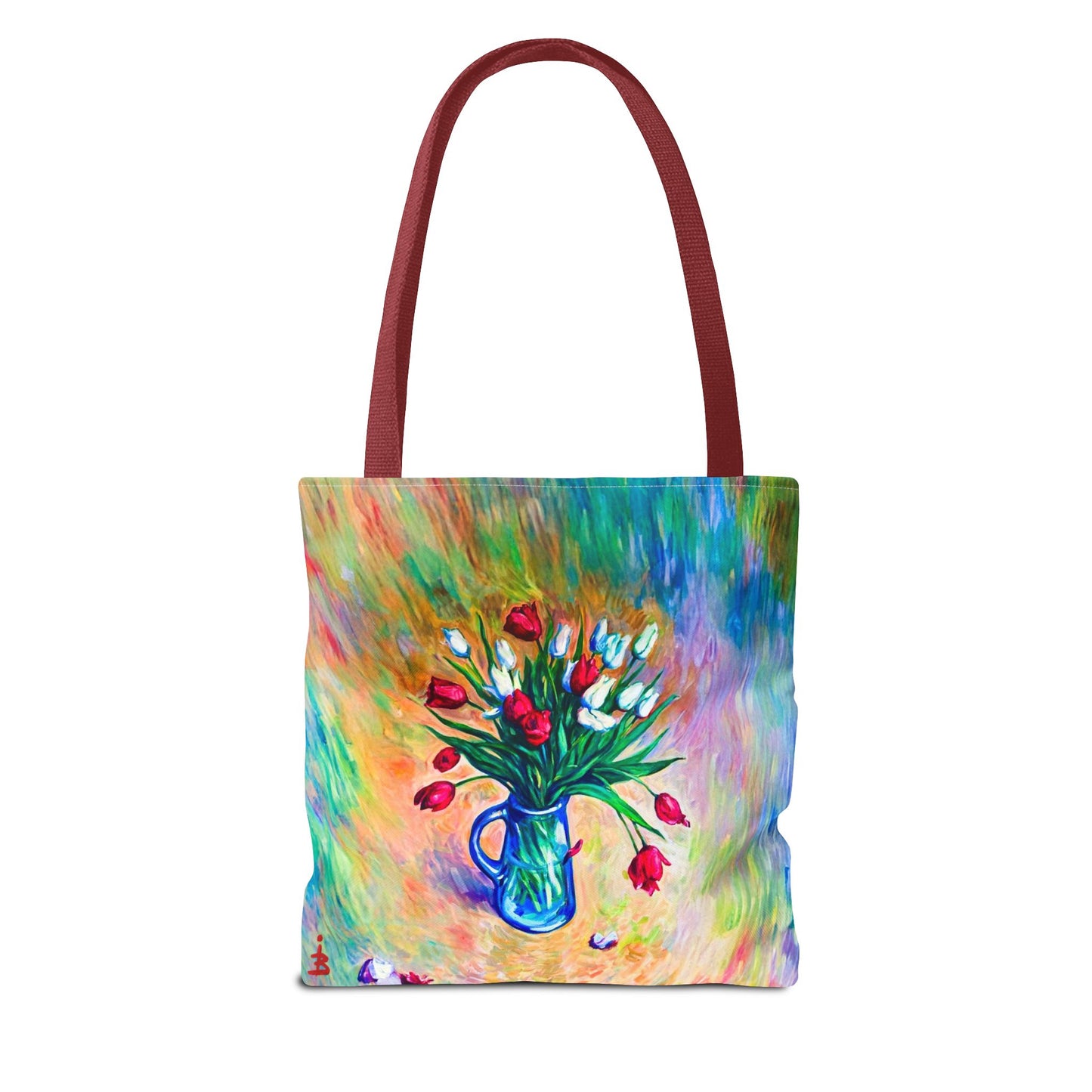 Tragetasche mit Blumenvase – Buntes, impressionistisches Tulpen-Allover-Muster