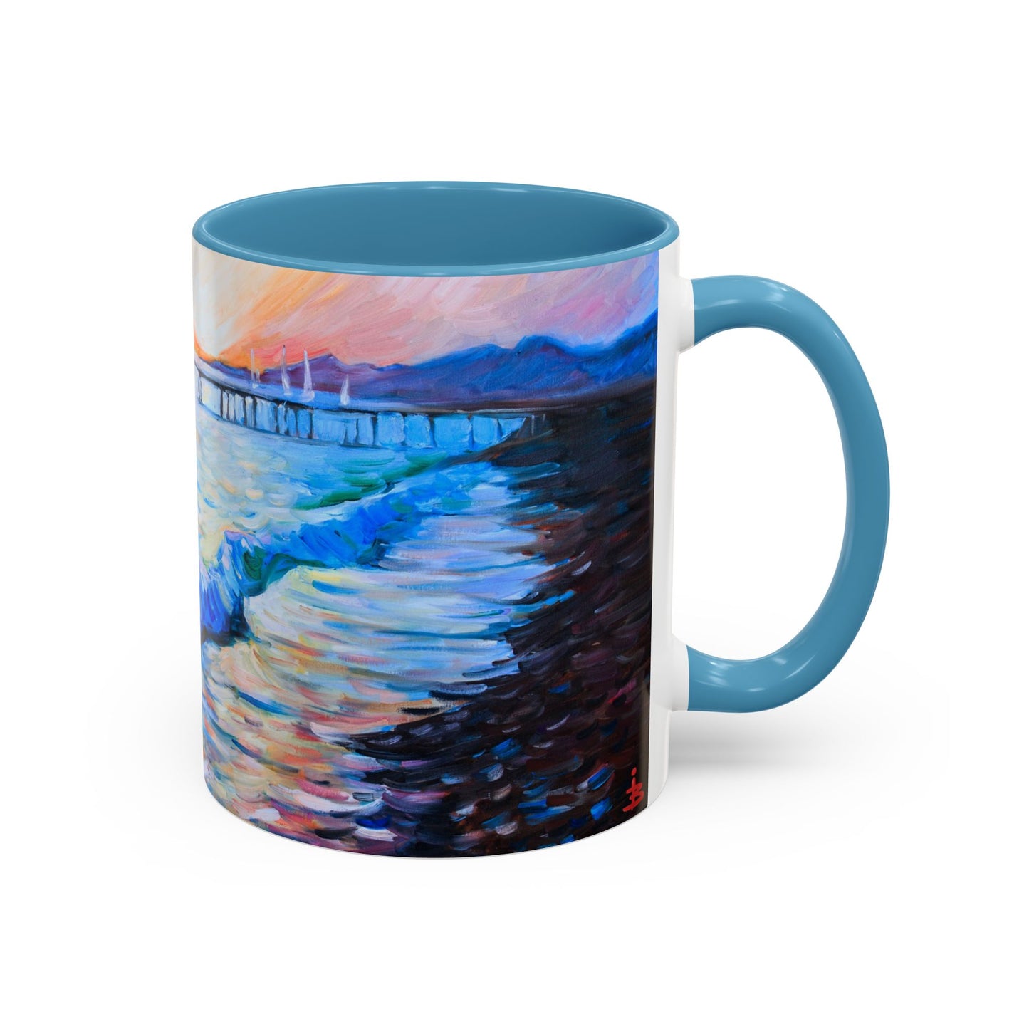 Kaffeetasse „Sonnenaufgang an der Küste“ – Tasse mit Meerespier-Motiv (325 ml)
