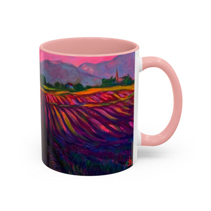 Kaffeetasse mit Lavendelfeld-Motiv – Lebendige Sonnenuntergangslandschaft, 325 ml