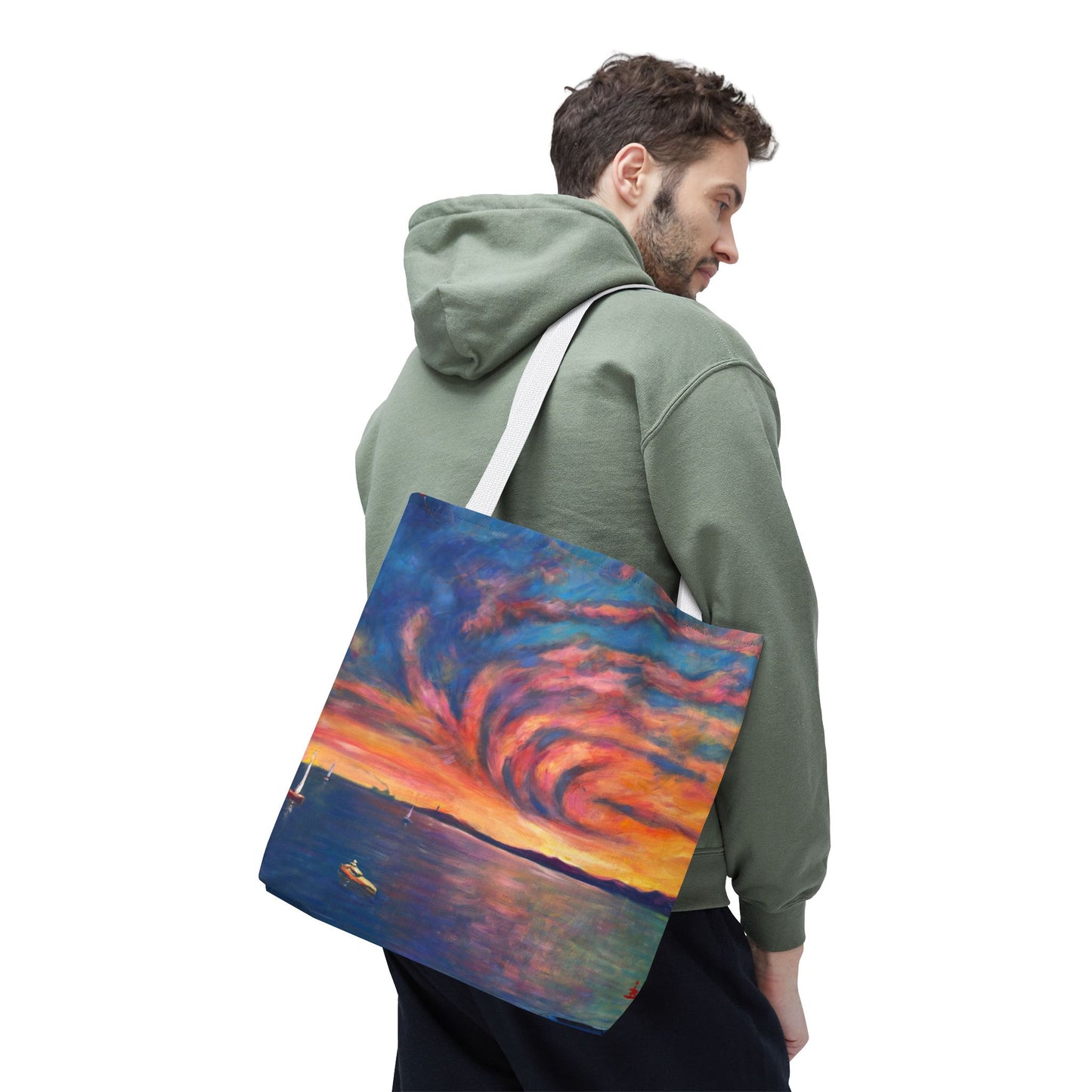 Sunset Swirl Tragetasche – Bunte Tragetasche mit Küstenmotiv und Allover-Print