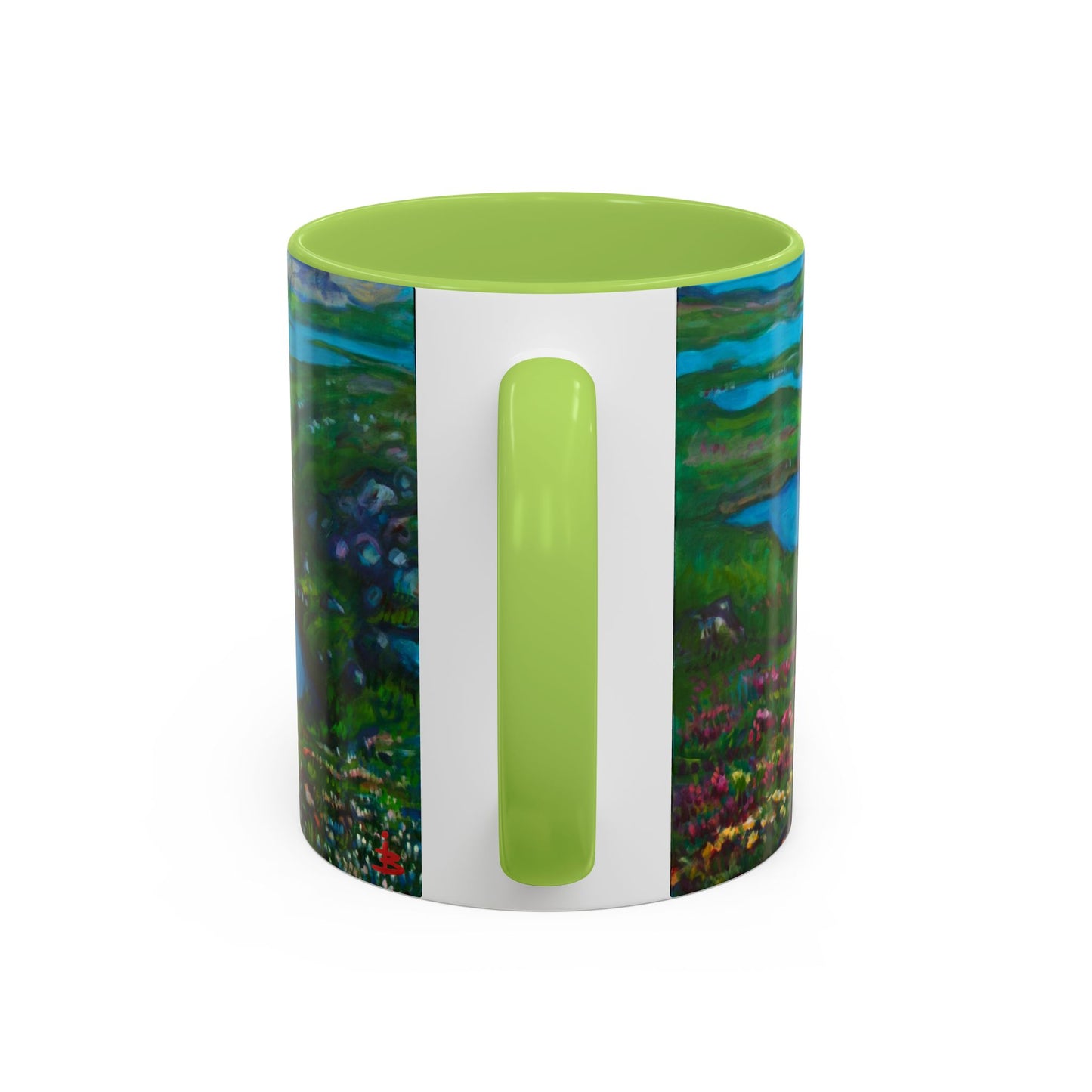 Kaffeetasse „Malerische Seenlandschaft“ – Keramiktasse mit blauem Akzent