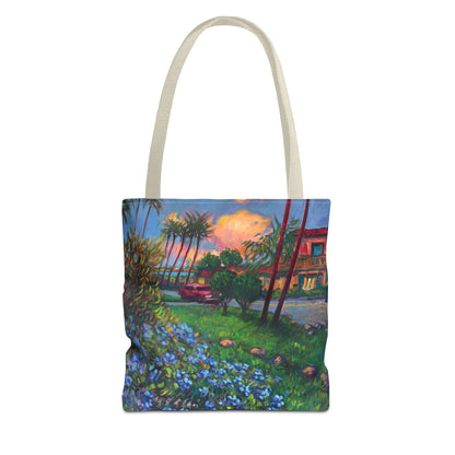 Einkaufstasche mit Sonnenuntergang am Strand – Küstenblumen-Palmen-Allover-Print