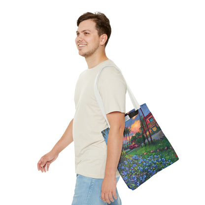 Einkaufstasche mit Sonnenuntergang am Strand – Küstenblumen-Palmen-Allover-Print