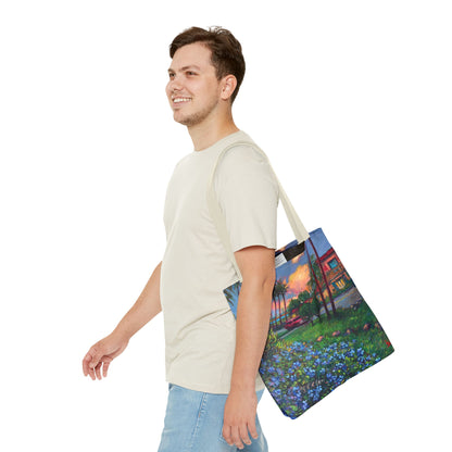 Einkaufstasche mit Sonnenuntergang am Strand – Küstenblumen-Palmen-Allover-Print