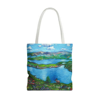 Stofftasche mit malerischer Seenlandschaft – Handbemalte Strandtasche mit Küstenkunst