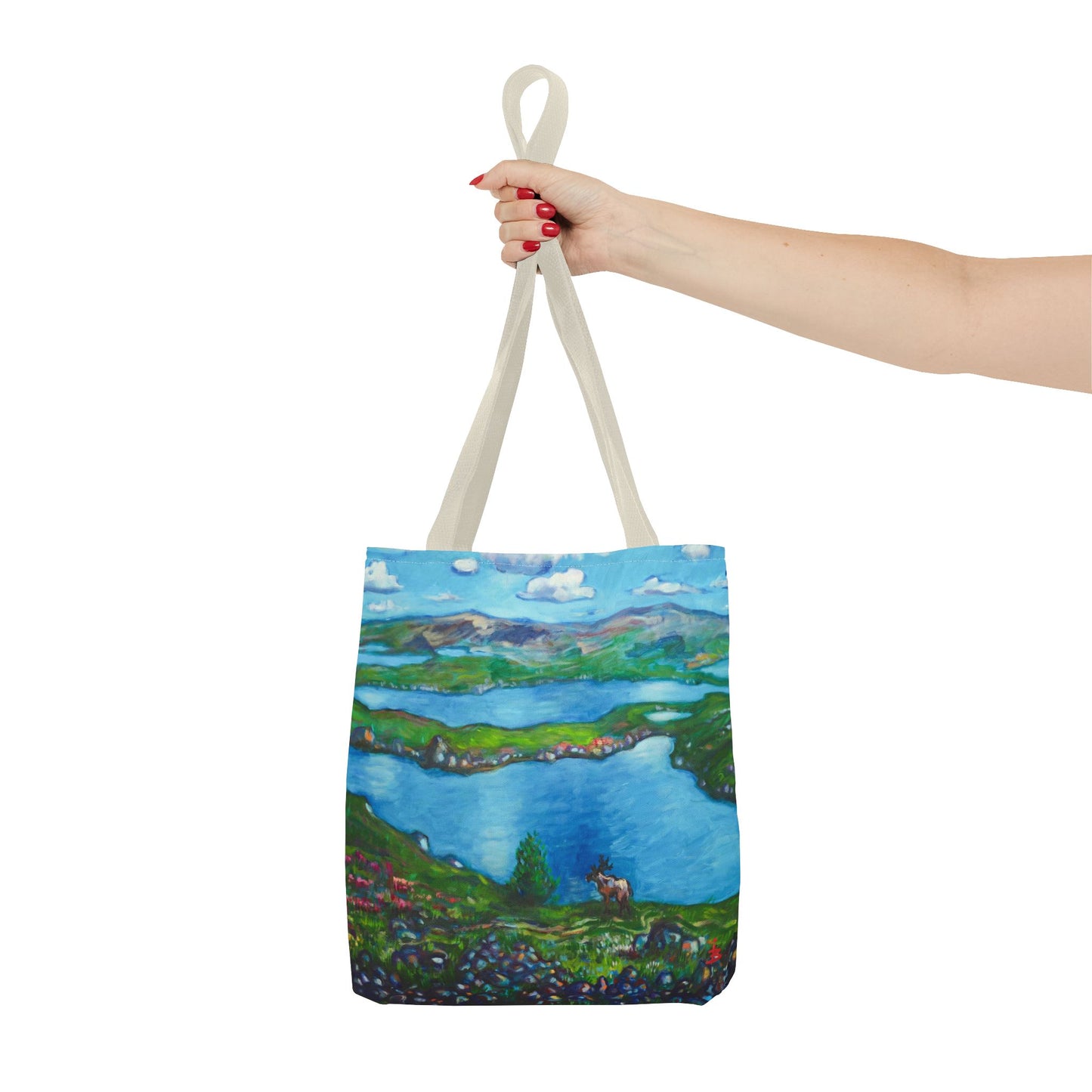 Stofftasche mit malerischer Seenlandschaft – Handbemalte Strandtasche mit Küstenkunst